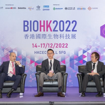 From left, Bin Li of Lake Bleu Capital, Vijay Karwal of AffaMed Therapeutics, Donald Lung, CFO of Antengene and Yinxiang Wang, chairman and CEO of Jacobio Pharma, take part in a panel discussion on ‘Capital Market for Healthcare Post Pandemic’ at BIOHK2022 on Thursday. Photo: Handout 