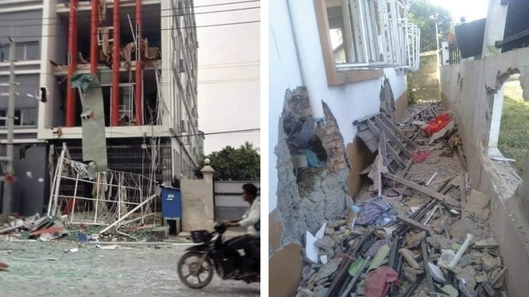 Mandalay region NLD office [left] after a bomb blast on Oct. 27, 2021 and the Myeik township and district offices after a bomb blast on Oct. 20, 2021. Credit: RFA
