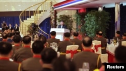 North Korean leader Kim Jong Un, speaks at a banquet to celebrate the 75th anniversary of the Korean People's Army the following day, in Pyongyang, North Korea Feb. 7, 2023 in this photo released Feb. 8, 2023 by North Korea's Korean Central News Agency (KCNA).