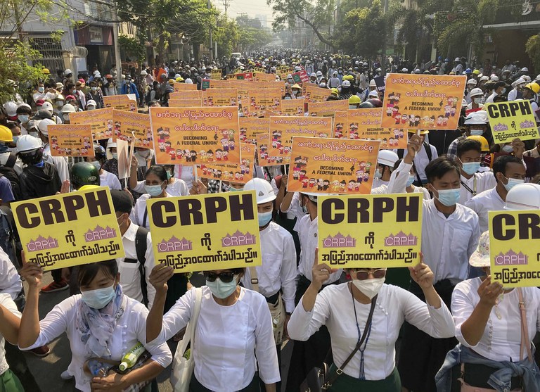 ENG_BUR_AntiTerrorismLaw_03152023-102.JPG In this March 7, 2021 photo, public health students display placards supporting the CRPH (Committee Representing Pyidaungsu Hluttaw, or Committee of Representatives to the Union Parliament) during a march against the military junta in Mandalay, Myanmar. (AP Photo)