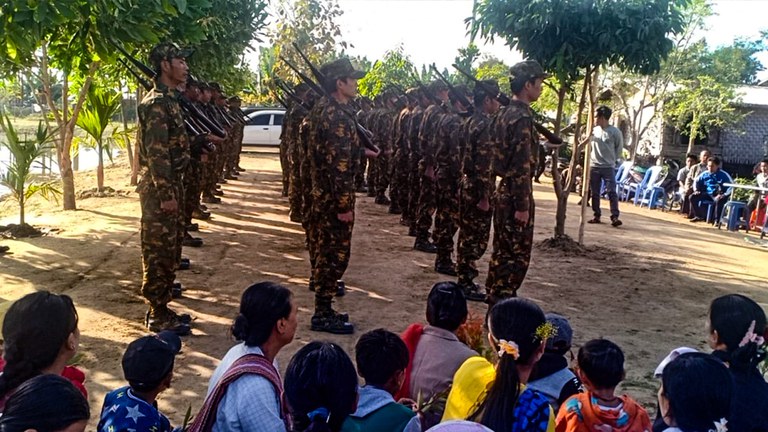 ENG_BUR_ForcedMilitiaJoin_03162023.2.jpg Villagers in Mya Kan Tha village, Kanbalu township, Sagaing region, hold a graduation ceremony for Pyu Saw Htee militia members who completed training, Nov. 26, 2023. Credit: Myanmar National Post