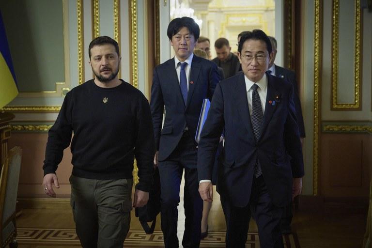 ENG_CHN_Xi-Putin_03212023.2.jpg Japanese Prime Minister Fumio Kishida and Ukrainian President Volodymyr Zelenskyy walk during their meeting in Kyiv, Ukraine, Tuesday, March 21, 2023. Credit: Ukrainian Presidential Press Office via Associated Press