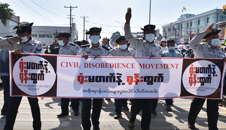 ENG_BUR_SecurityDefectors_03202023-02A.JPG In this image grab from Feb. 2021 video, Myanmar government employees participate in the Civil Disobedience Movement protest against military junta. Credit: Image grab from RFA Video