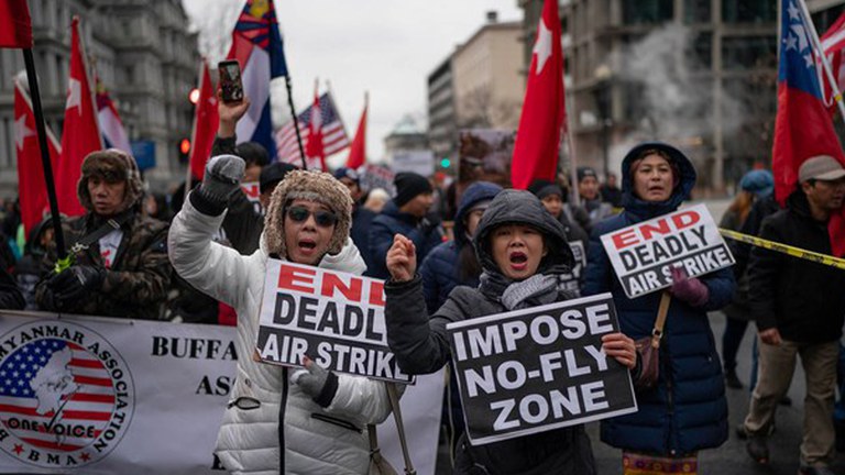 ENG_BUR_AirRaids_03092023.4.jpg Members of the Myanmar diaspora march in Washington, D.C., calling for a no-fly-zone in Myanmar, Feb. 25, 2023. Credit: RFA