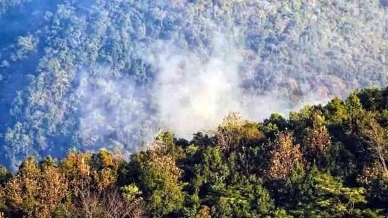 ENG_BUR_AirRaids_03092023.2.jpg The Chin National Front’s headquarters in Thantlang, Chin state, Myanmar, was attacked by fighter jets on Jan. 10, 2023. Credit: Citizen journalist