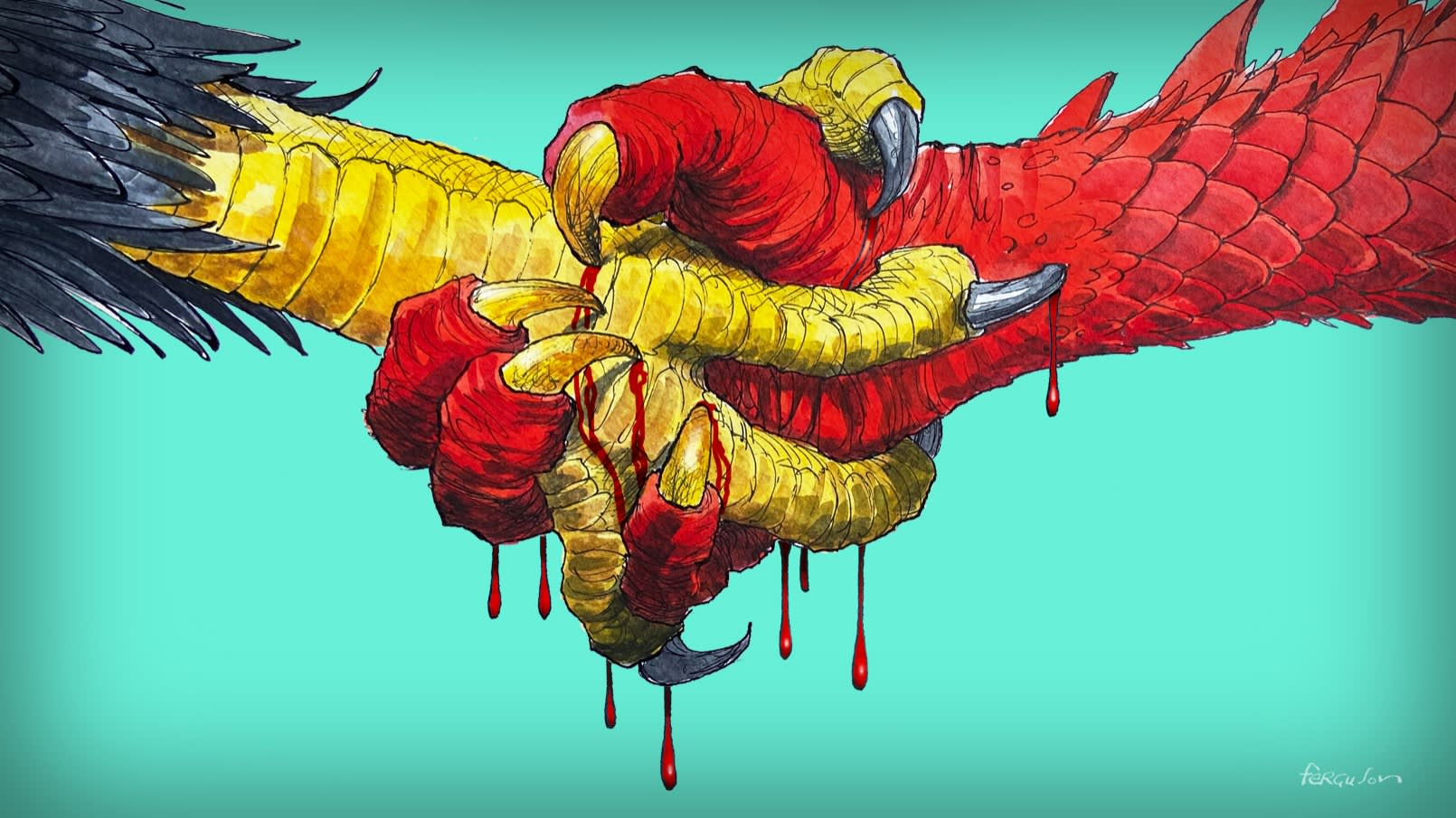 Illustration of an eagle shaking claws with a red dragon