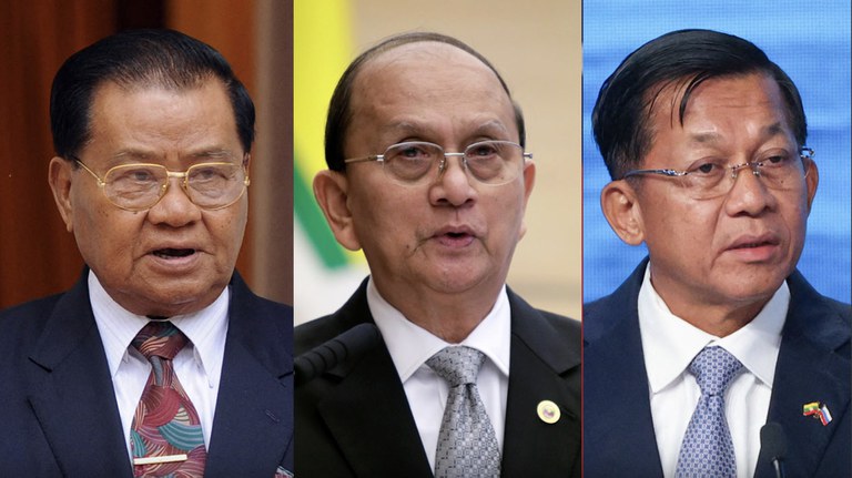 ENG_BUR_ChinaInterference_04282023_01.JPG In this photo combo, from left: former General Than Shwe, former President Thein Sein, and current Myanmar junta leader General Min Aung Hlaing. Credit: AFP
