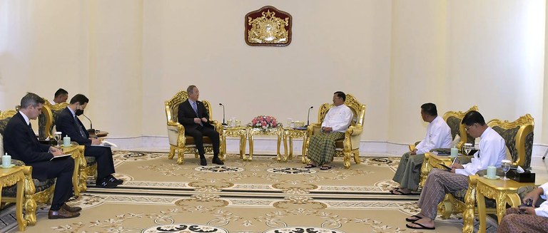 Myanmar junta leader Senior Gen. Min Aung Hlaing [center right] talks with Ban Ki Moon, former U.N Secretary-General, during their meeting Monday, April 24, 2023, in Naypyidaw, Myanmar. Credit: Military True News Information Team via AP