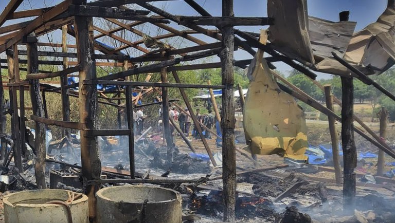 ENG_BUR_AirStrikeUpdate_04122023_01 02.JPG In this April 11, 2023 image grab from a video, a destroyed building structure is seen following Myanmar junta shelling and air strikes on Pa Zi Gyi village, Kanbalu township, Sagaing region. Credit: Citizen journalist