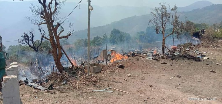 ENG_BUR_ChinAirstrikes_04272023_02.JPEG Houses destroyed following Myanmar military junta's airstrike in Webula town, Chin state, on April 10, 2023. Credit: Citizen Journalist