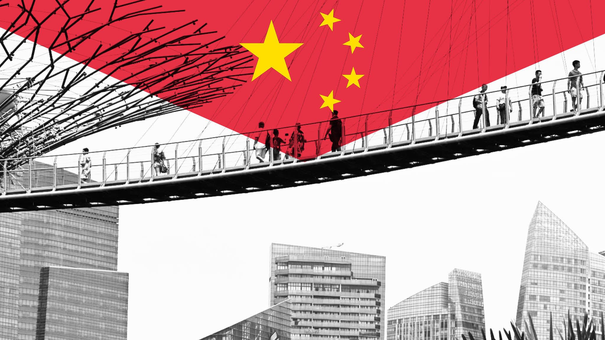 A montage image showing Singapore’s skyline with the Chinese flag