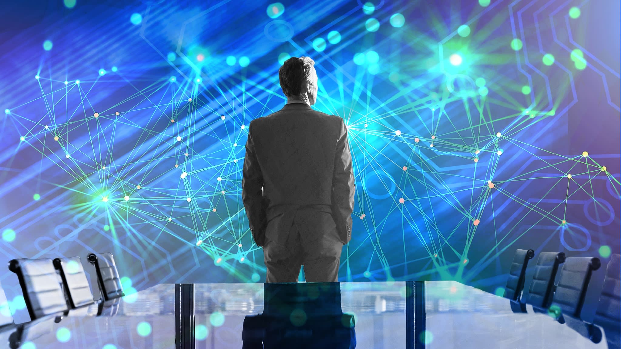 Montage of images of a CEO standing in a boardroom with his back to the camera looking at a background of light and data points