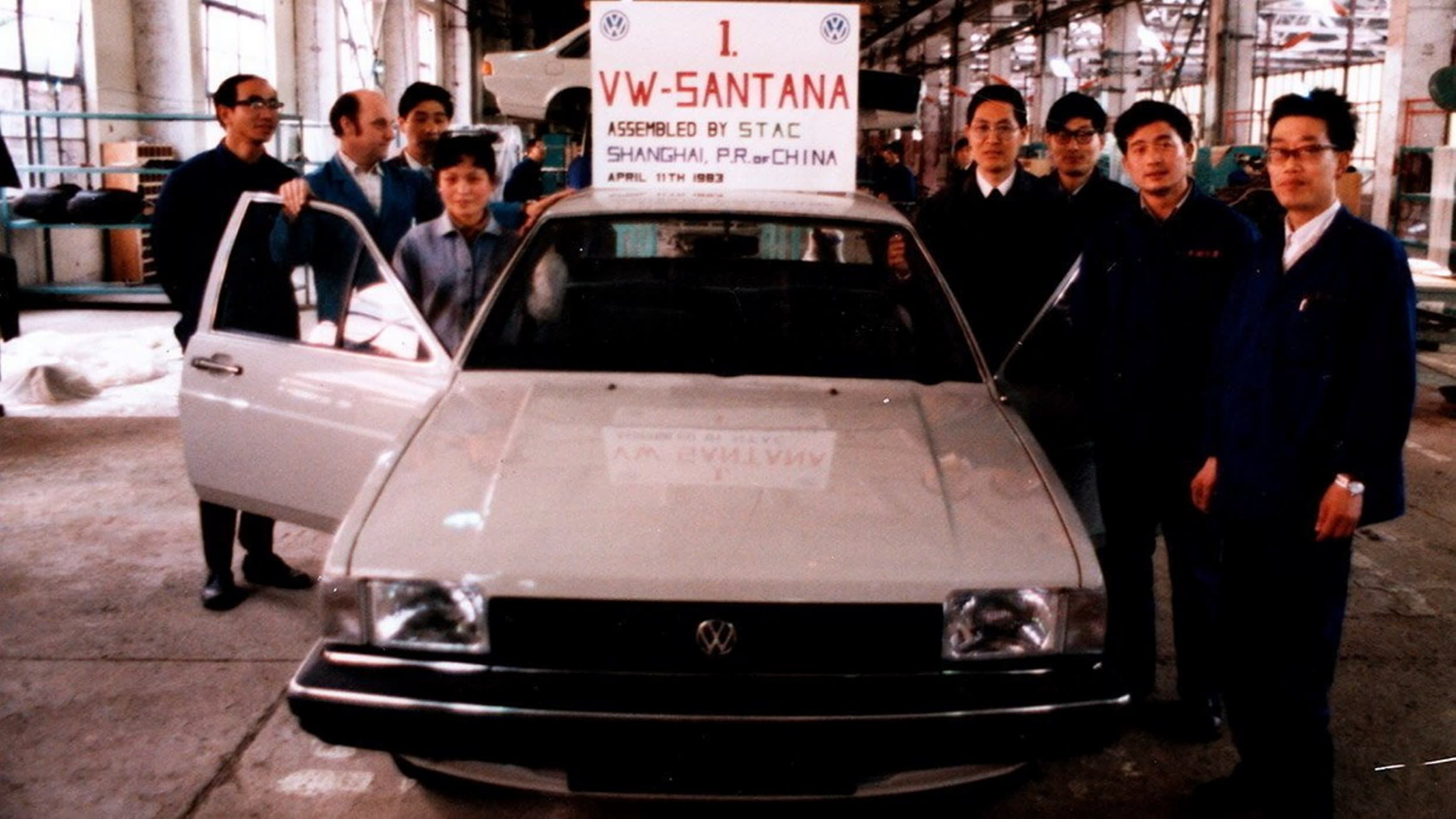 A white VW Santana in a factory in China