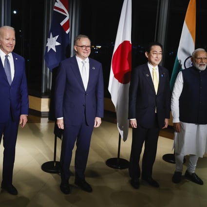 From left, US President Joe Biden, Australia’s Prime Minister Anthony Albanese, Japan’s Prime Minister Fumio Kishida and India’s Prime Minister Narendra Modi hold a Quad meeting on the sidelines of the G7 summit, at the Grand Prince Hotel in Hiroshima, Japan on Saturday. Photo: Pool Photo via AP