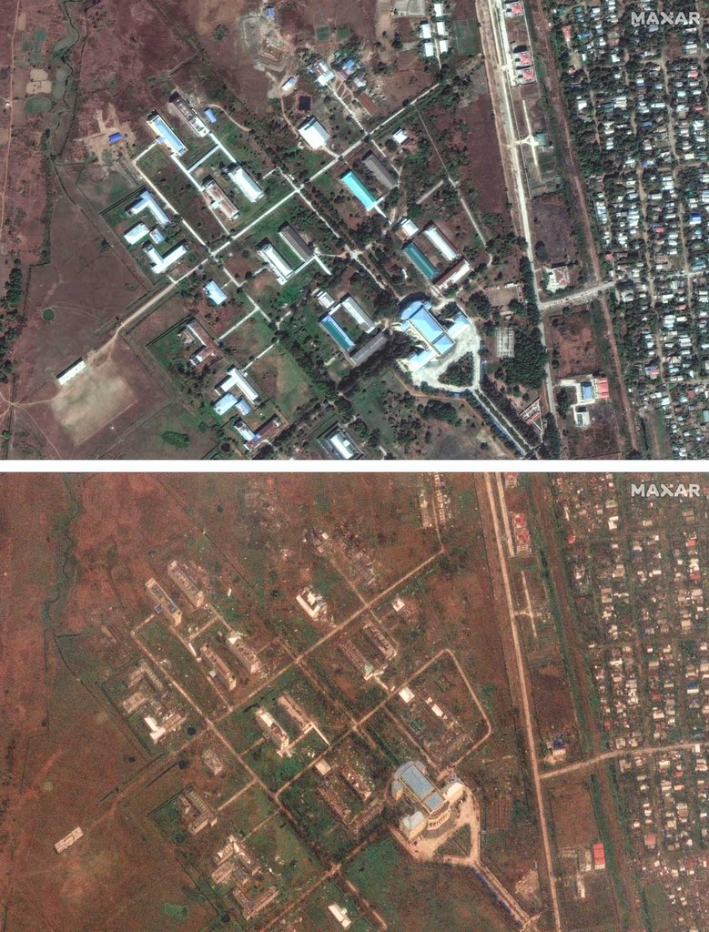 2mocha.jpg This combination of Feb. 17 and May 15, 2023, photos shows Sittwe University in Myanmar, before and after Cyclone Mocha made landfall in Rakhine state on Sunday, May 14, 2023. Credit: Maxar Technologies via AP