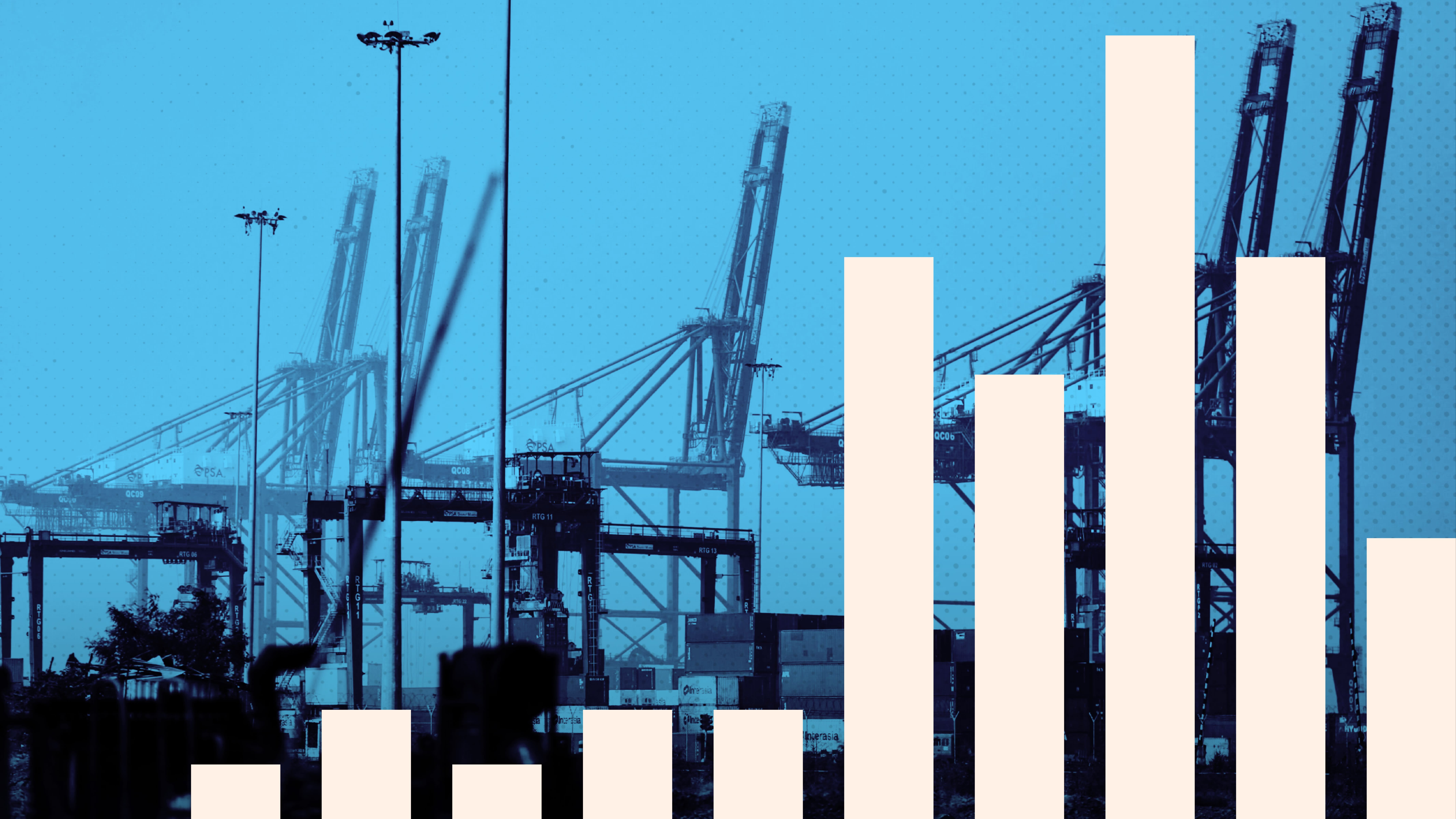 A montage of vessels with stacked shipping container in blue with a vertical bar chart in front