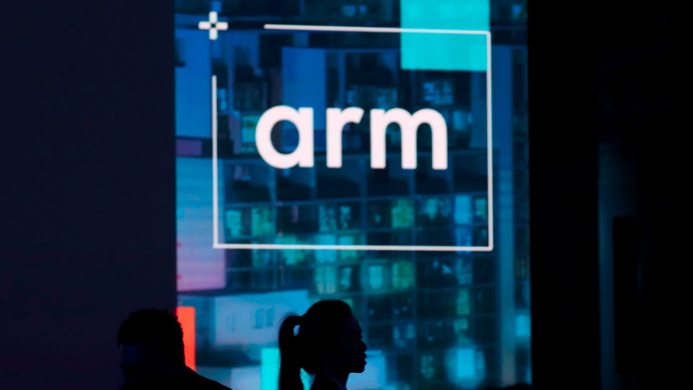 Arm logo is seen during the Arm press conference in Taipei, Taiwan