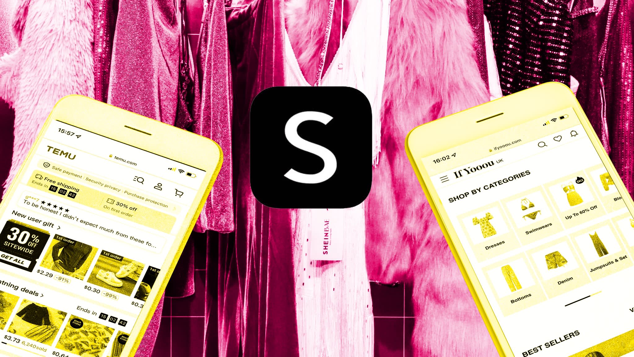 A montage of the Temu and IfYooou platforms on smartphones and the Shein logo in front of Shein clothing on racks