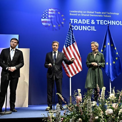 From left, EU Trade Commissioner Valdis Dombrovskis; US Secretary of State Antony Blinken; EU Commissioner for Competitiveness Margrethe Vestager; US Secretary of Commerce Gina Raimondo and US Trade Representative Katherine Tai, at the news conference following the fourth meeting of the EU-US Trade and Technology Council in Lulea, Sweden, on Wednesday. Photo: EPA-EFE 
