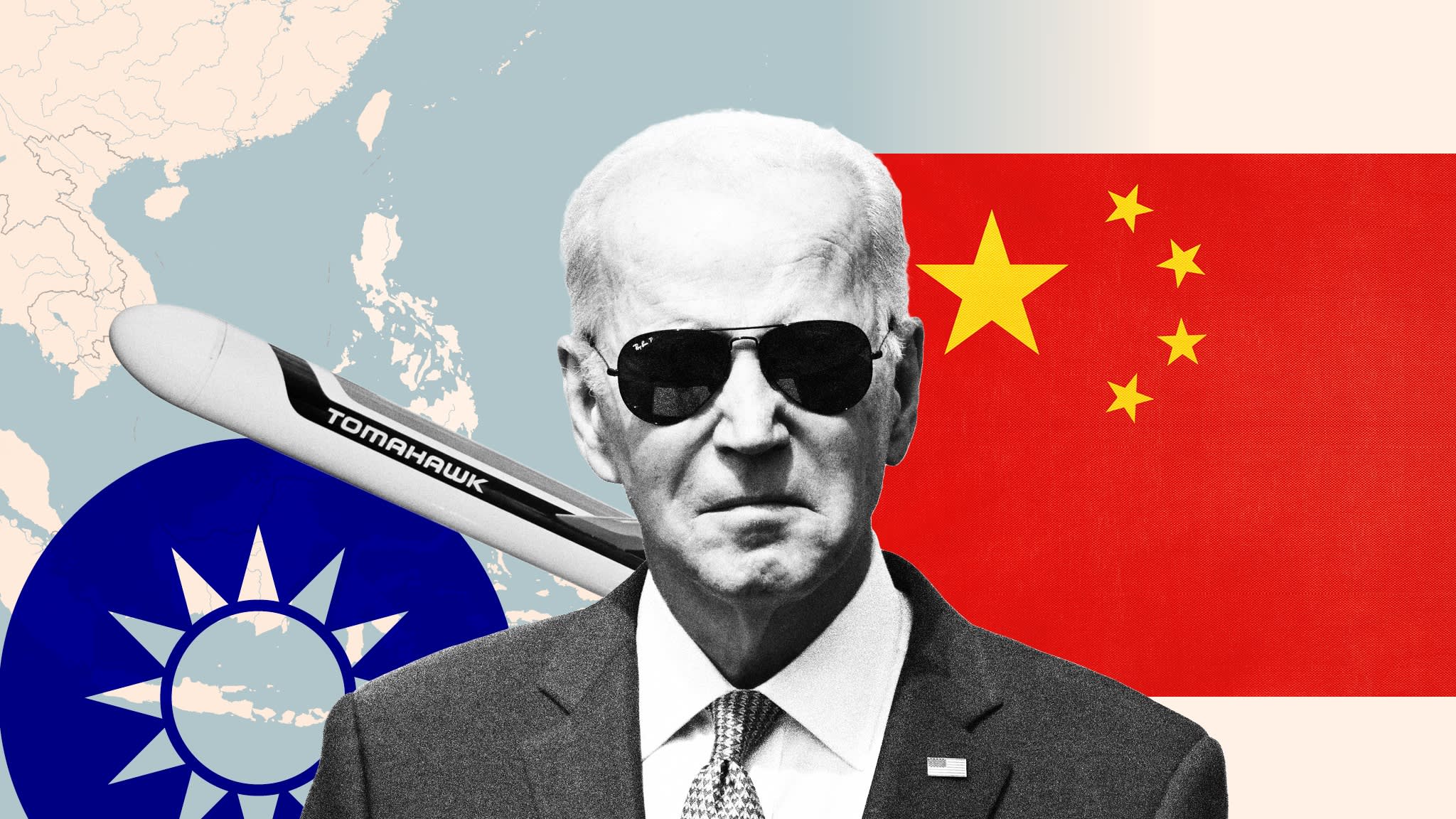 Montage image of Joe Biden, the Chinese flag, a section of the Taiwan flag, a map and a missile