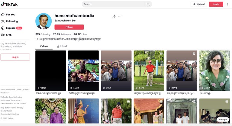 ENG_KHM_HunSenMeta_0629202302_.JPG Image grab of Cambodian Prime Minister Hun Sen’s newly created TikTok page, following Meta’s oversight board on Thursday reversed the social media company’s decision to leave up a video Cambodian Prime Minister Hun Sen posted to Facebook threatening violence against his political opponents and called for an immediate suspension of his accounts. Credit: TikTok/@hunsenofcambodia