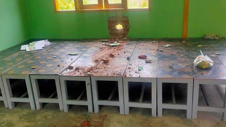 ENG_BUR_MayKillingsChildren_06072023.2.jpeg Damage to the wall of a school in Shu Khin Thar village, Kale township, Sagaing region is seen after an attack by Myanmar junta forces, May 5, 2023. Credit: Citizen journalist