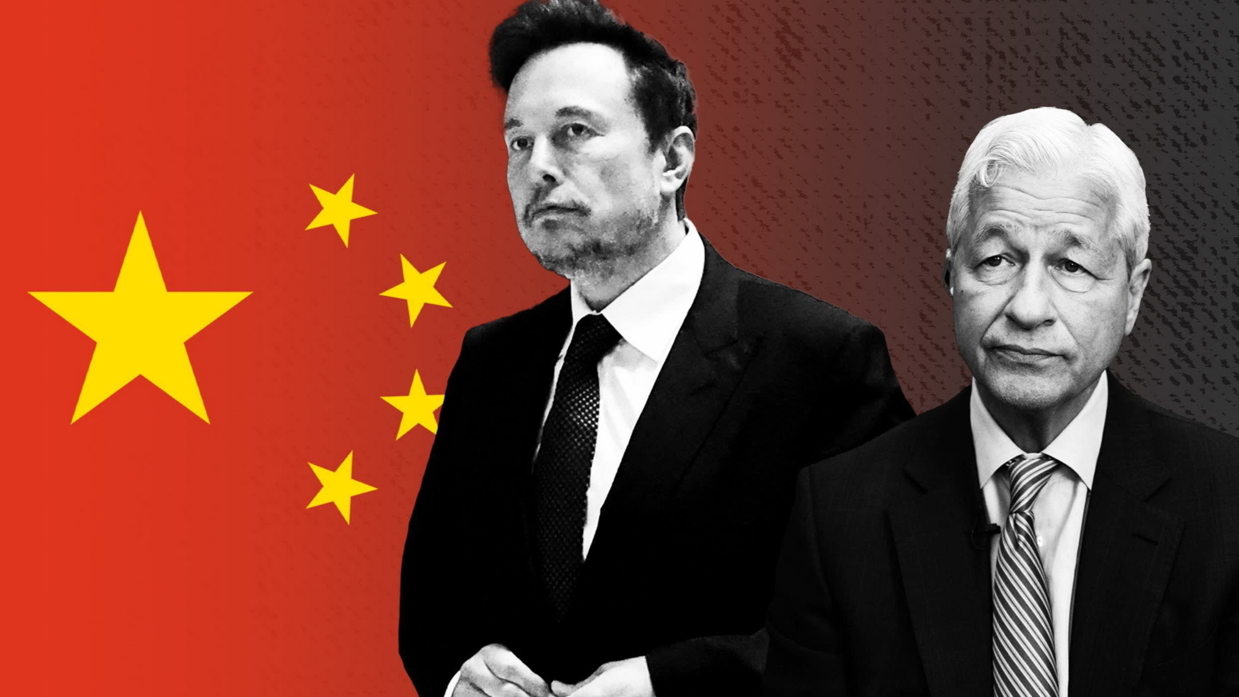 A montage of Elon Musk, and Jamie Dimon and the Chinese flag