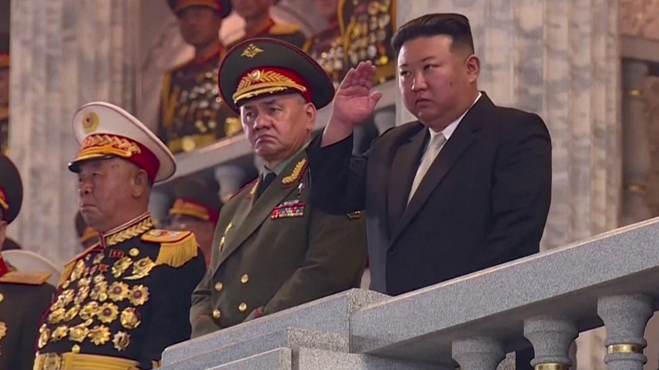 North Korea’s Kim Jong-un oversees Korean war parade alongside Russian and Chinese officials