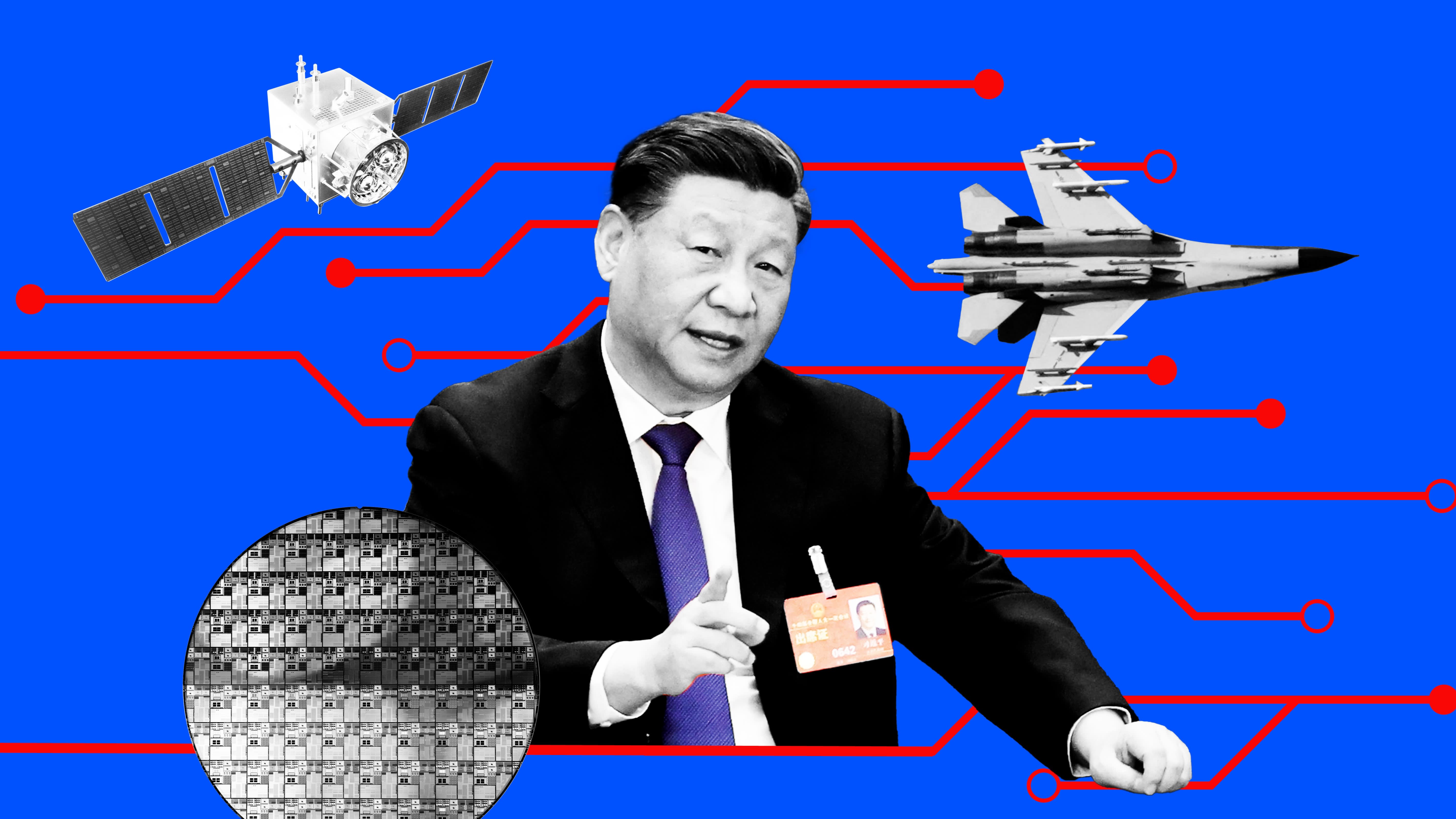 Montage image showing Xi Jinping, an aircraft, a satellite and