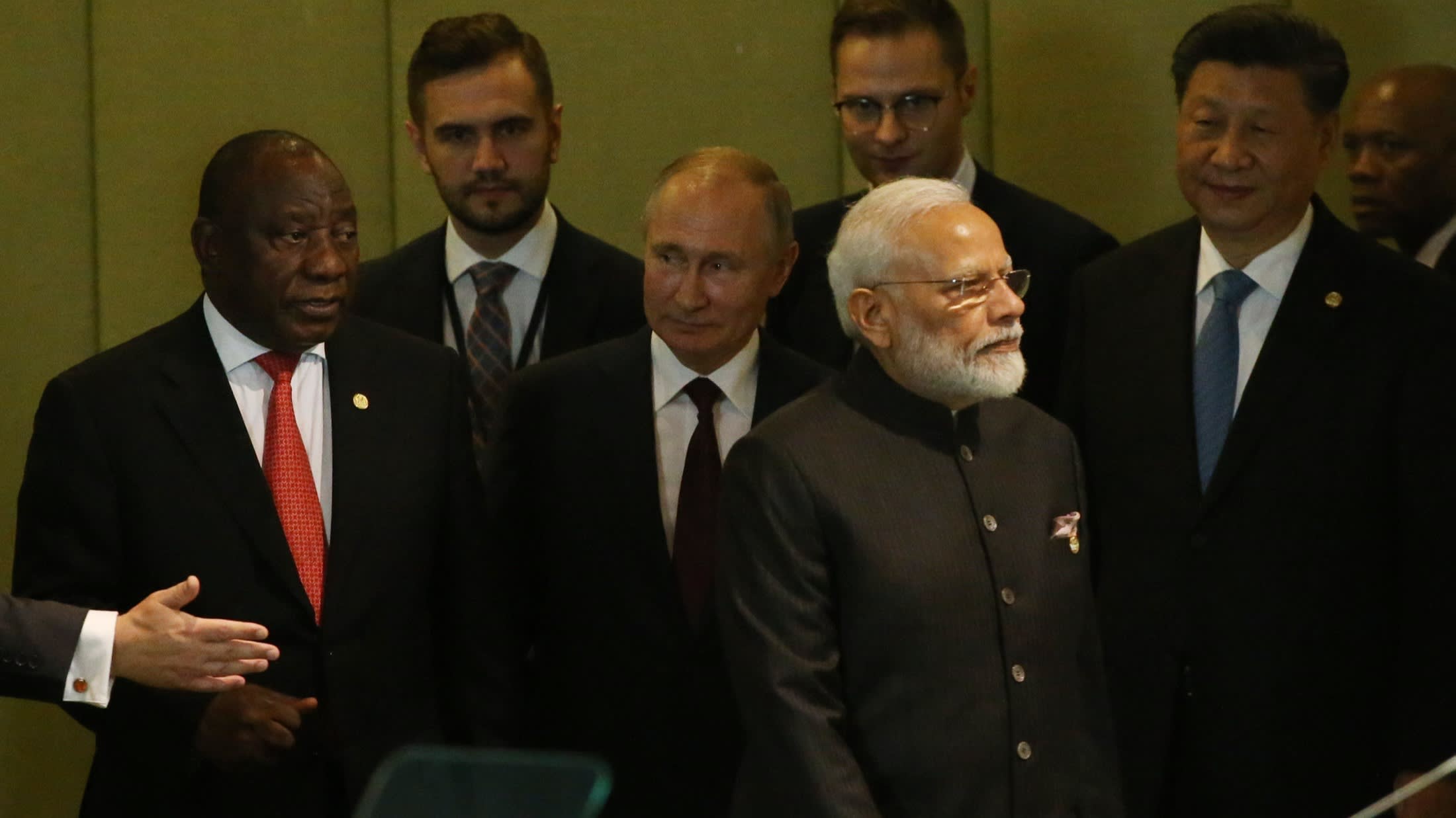 South Africa’s Cyril Ramaphosa, Russia’s Vladimir Putin, India’s Narendra Modi, and Xi Jinping of China attend the Brics Summit in Brasilia in 2019