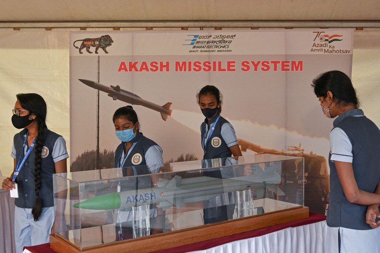 ENG_BUR_IndiaArmsSale_07032023_03.jpg A model of 'Akash' surface to air missile developed by Bharat Electronics is displayed during a defense exhibition in Bangalore, Dec. 2021. Credit: Manjunath Kiran/AFP