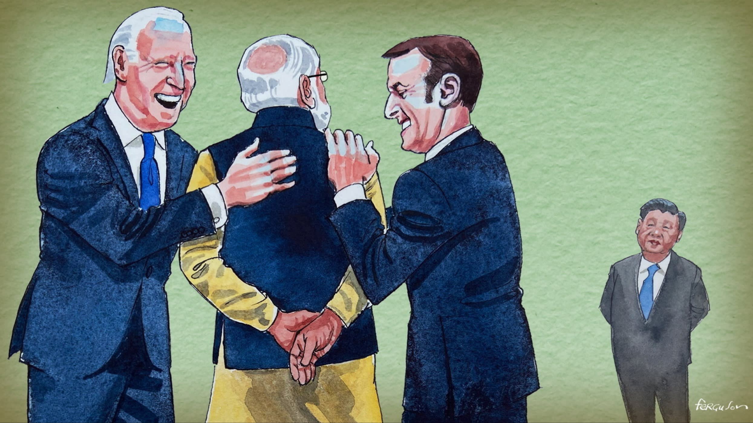 Joe Biden and Emmanuel Macron pat Narendra Modi on the back, as he stands facing away from them with his hands behind his back. Xi Jinping is looking on from a distance
