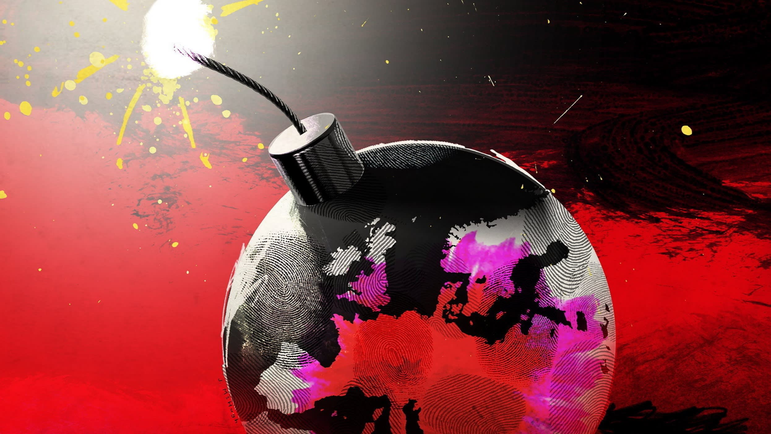 Illustration of Earth as a cartoon-style bomb with lit fuse. Fingerprints are smudged on the Earth