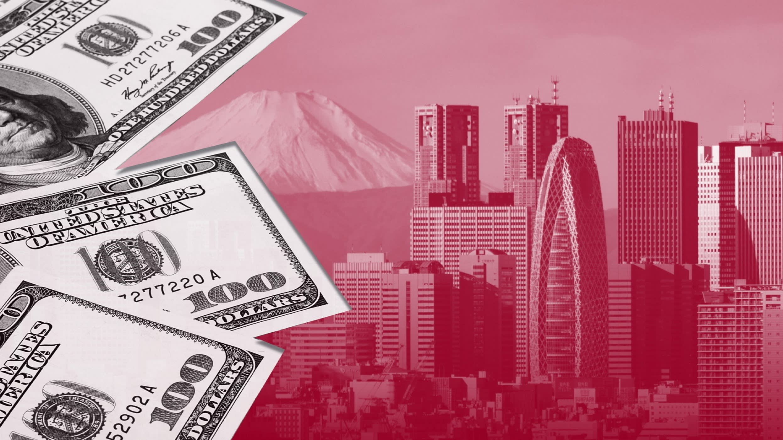 A montage of cash and buildings