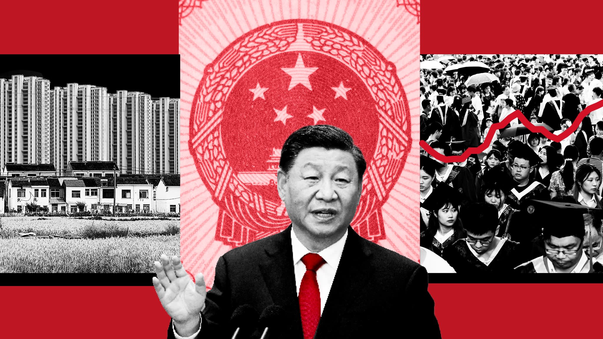 Xi Jinping in front of the Chinese state symbol with an image of Chinese property on one side and of graduates and a chart line of youth unemployment on the other