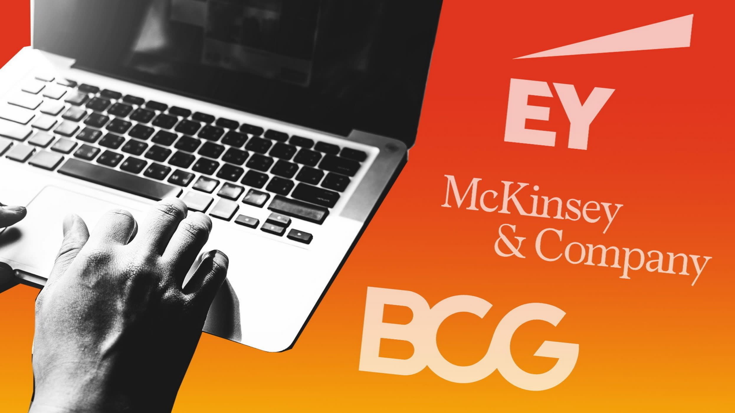 Montage of hands on a laptop and the logos of EY, McKinsey & Company, and BCG