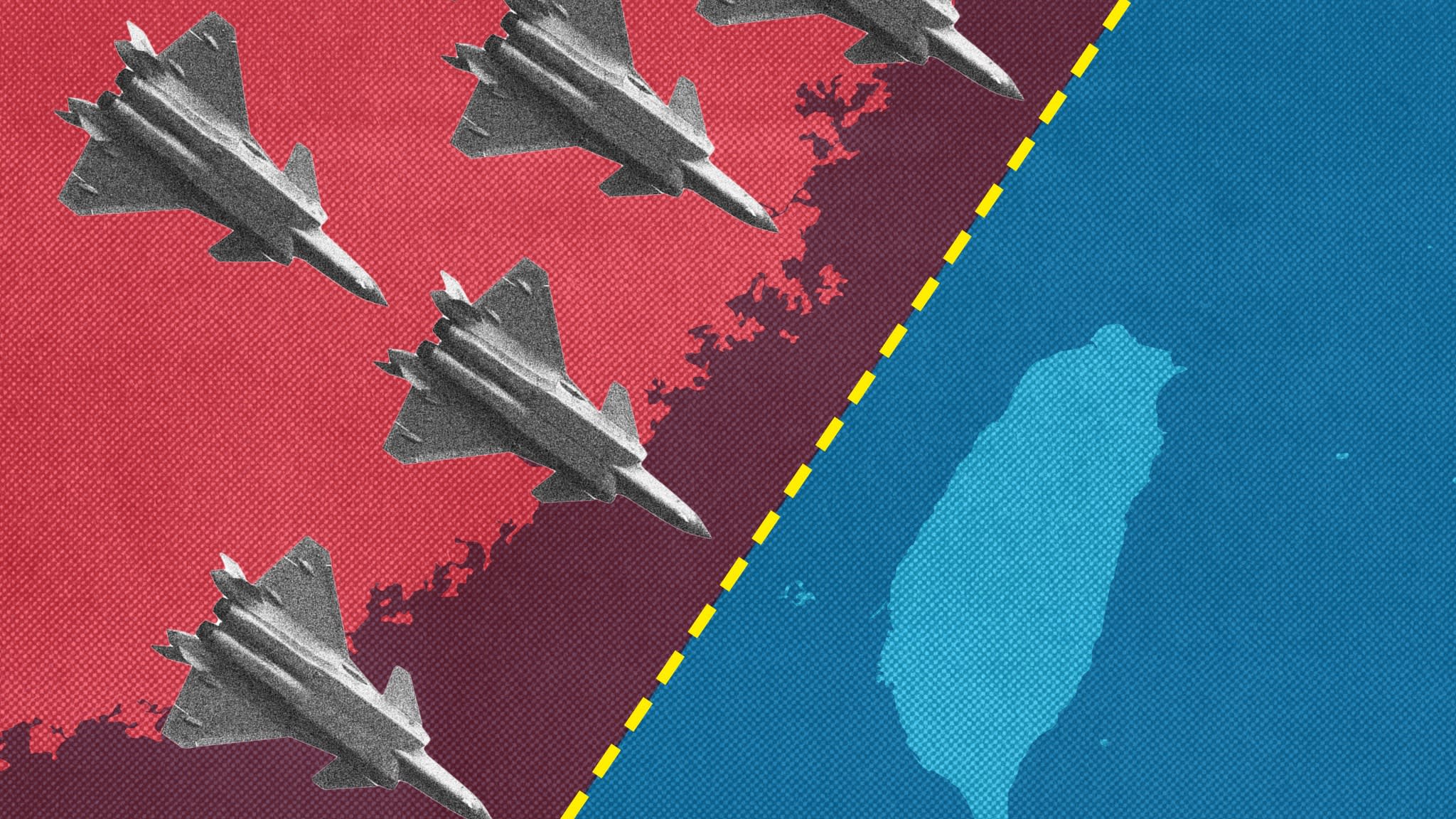 Montage of image of map of Taiwan and a yellow dotted line and Chinese jets flying towards it