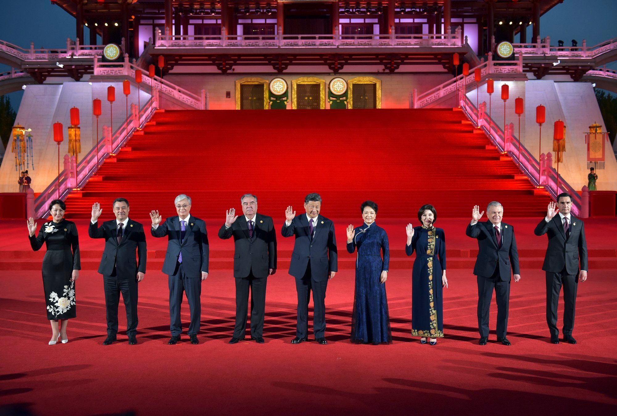 The leaders of China and the five Central Asian countries and some of their spouses at a welcome ceremony for the first China-Central Asia summit, in Xian in May. Photo: EPA-EFE/Kyrgyzstan President Press Service Handout