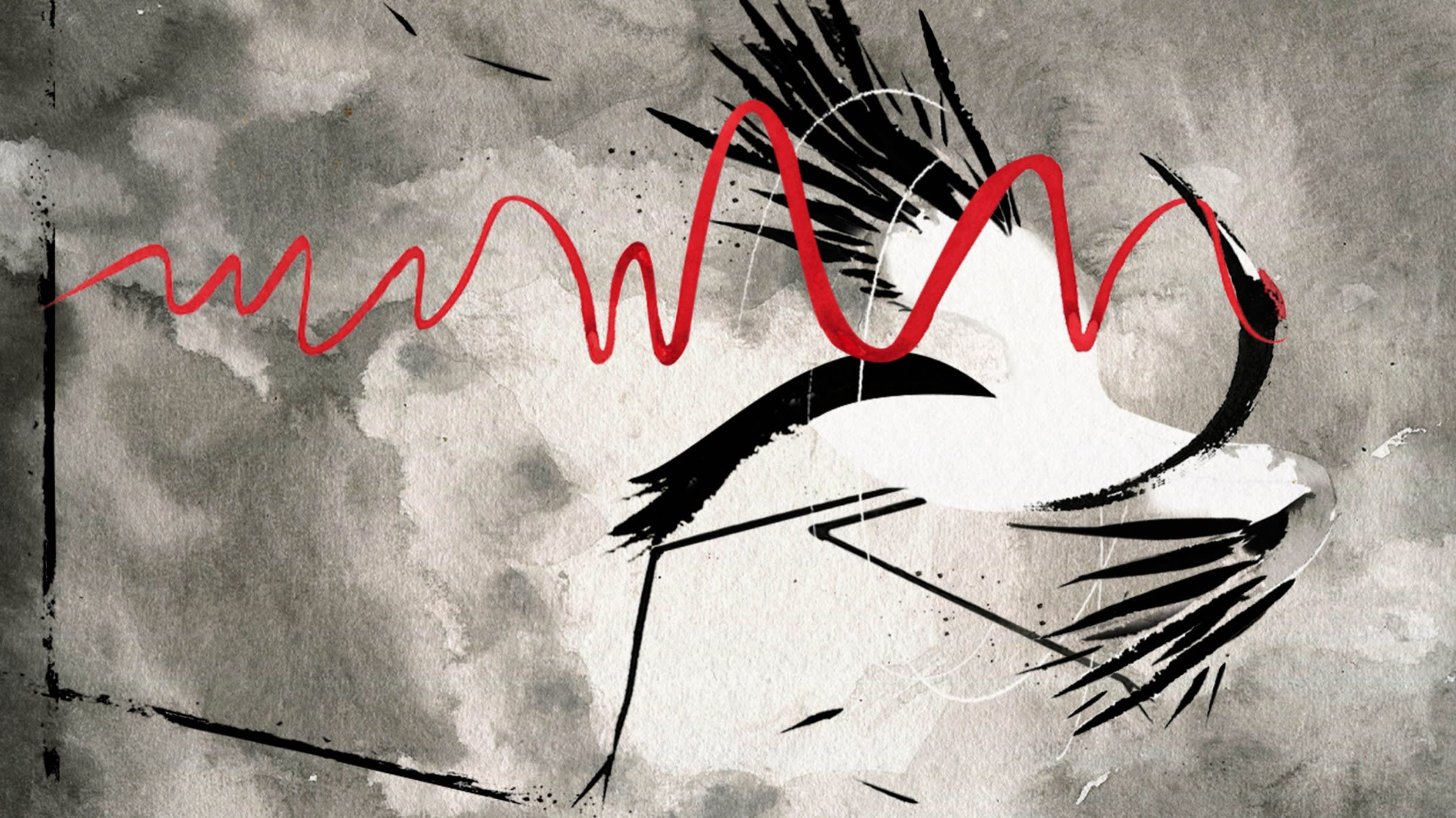 Ann Kiernan illustration of a red cap crane bird running down the line of a graph with its head turned back, holding a red ribbon in its beak that waves back at the vertical line of a graph