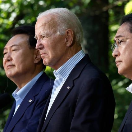South Korean President Yoon Suk Yeol, US President Joe Biden and Japanese Prime Minister Fumio Kishida hold a joint news conference following three-way talks at Camp David on August 18, 2023. The leaders discussed moving forward in “lockstep” on issues related to military cooperation, international politics, countering China and North Korea and other topics. Photo: AFP