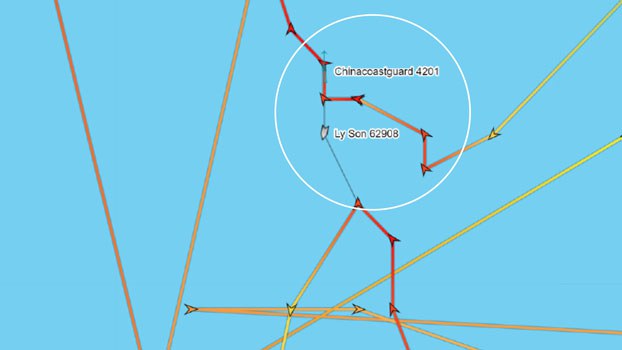 ENG_VTN_ParcelsEngagement_08312023.2.2.jpg The Vietnamese boat Ly Son 62908 was once only 300 meters from the Chinese coast guard vessel CCG 4201 near Triton Island in the South China Sea, Aug. 25, 2023. Credit: MarineTraffic.com