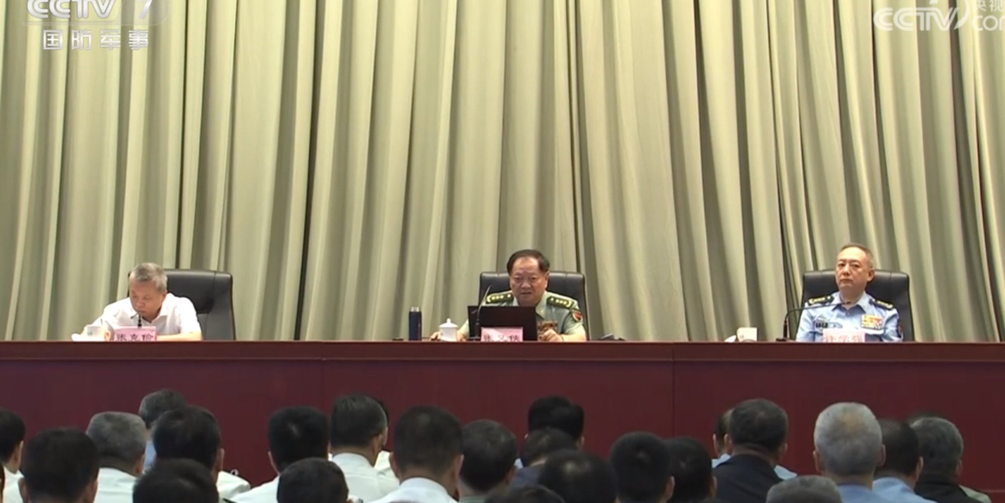 General Zhang Youxia (centre), flanked by General Xu Xueqiang (left) and Zhang Kejian at the meeting in Beijing. Source: CCTV