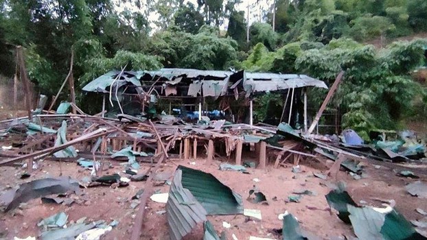 ENG_BUR_ThailandSafeZone_08172023.2.jpg A junta air strike destroyed this house in Myanmar's Kayah state near the Thai-Myanmar border, July 12, 2023. Credit: Karenni Human Rights Group