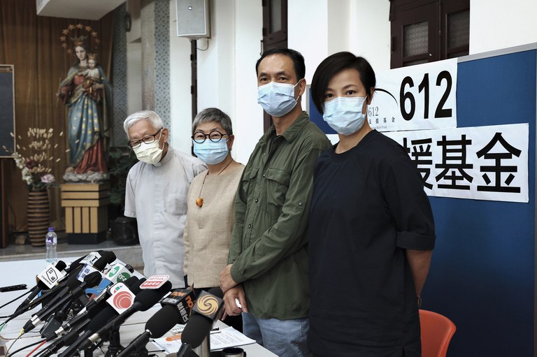 From left, retired archbishop of Hong Kong Cardinal Joseph Zen, barrister Margaret Ng, professor Hui Po-keung and singer Denise Ho attend a press conference to announce the closure of the 612 Humanitarian Relief Fund, in Hong Kong, Aug.18, 2021. Credit: HK01 via AP