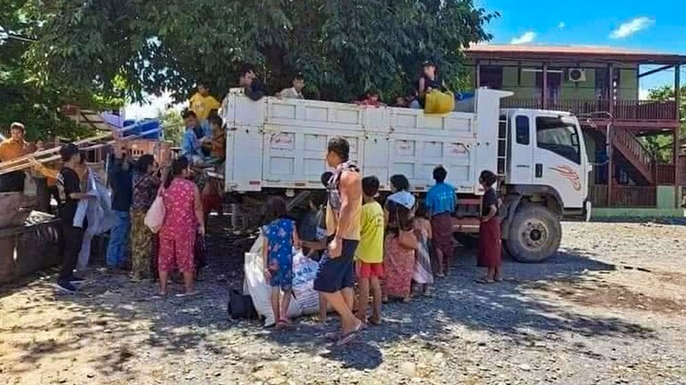 ENG_BUR_Khampat_07282023,2.jpg Displaced people from Myanmar are seen in Kampat, Sagaing region near the Indian border as they flee escalating fighting, July 24, 2023. Credit: Citizen journalist