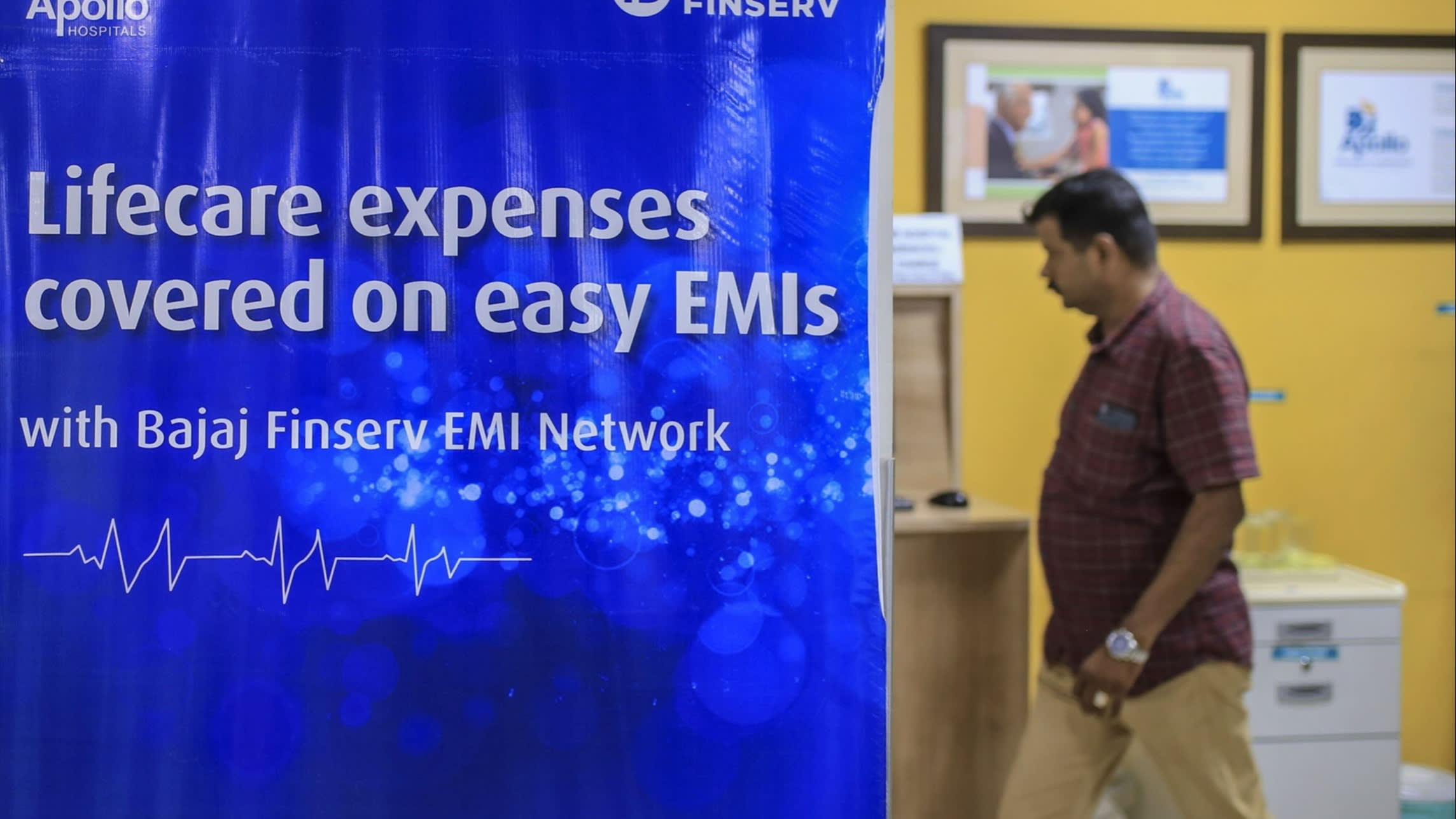 A Bajaj Finserv advertisement at a hospital in Chennai, India