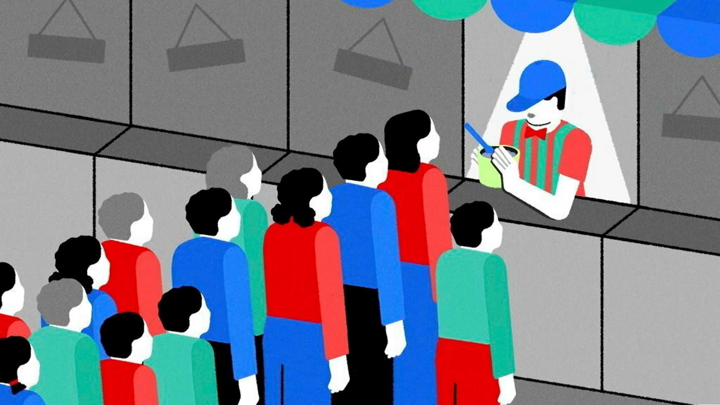 Maria Hergueta illustration of a long queue of people waiting to order fast food.