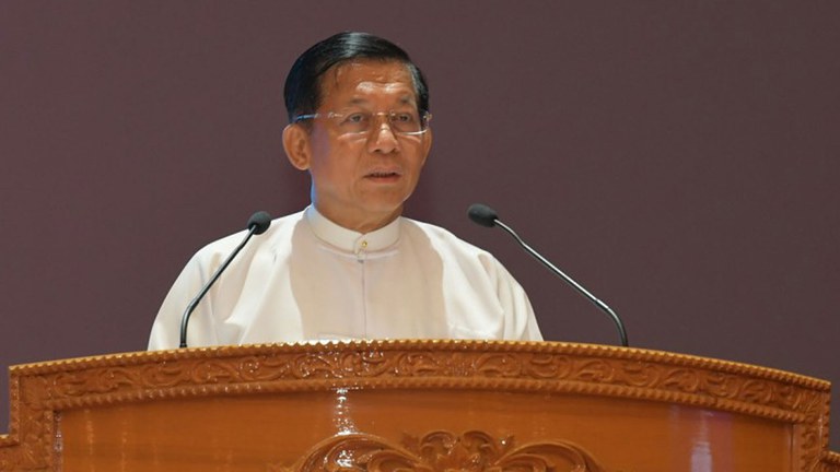 ENG_BUR_BankSanctions_08242023.2.jpg Myanmar junta leader Senior Gen. Min Aung Hlaing, seen Aug. 8, 2023, says some countries are using the US dollar as a weapon when buying the fuel, fertilizers and other materials needed for food security. Credit: Myanmar military