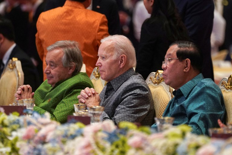 asean-biden2.jpg United States President Joe Biden, then-Cambodian Prime Minister Hun Sen and United Nations Secretary-General Antonio Guterres watch a cultural performance at a dinner during the ASEAN summit, in Phnom Penh, Nov. 12, 2022. Credit: Kevin Lamarque/Reuters