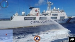 In this handout photo provided by the Philippine Coast Guard, a Chinese coast guard ship uses water canons on a Philippine ship near the Philippine-occupied Second Thomas Shoal, South China Sea, during its re-supply mission on Aug. 5, 2023.